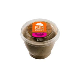 Fijnproevers eiwitverrijkt chocolade dessert in transparante cup, geschikt voor IDDSI-niveaus 3 en 4.