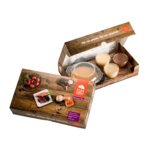 Fijnproevers Mediterraans Menu: eiwitverrijkte maaltijd met Italiaanse tomatensoep, zachte tonijn, butternut pompoen en chocoladedessert voor mensen met kauw- en slikproblemen.