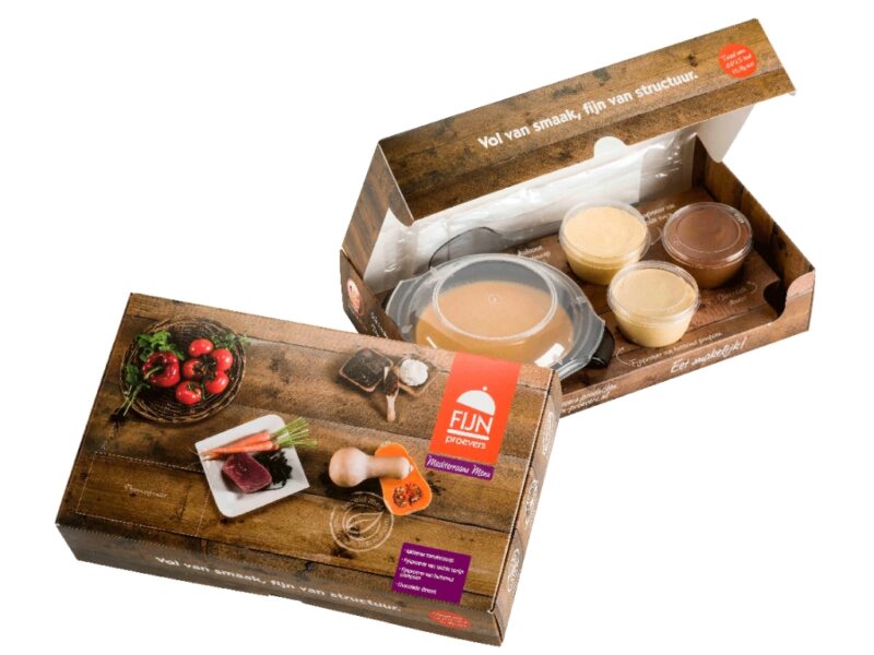 Fijnproevers Mediterraans Menu: eiwitverrijkte maaltijd met Italiaanse tomatensoep, zachte tonijn, butternut pompoen en chocoladedessert voor mensen met kauw- en slikproblemen.